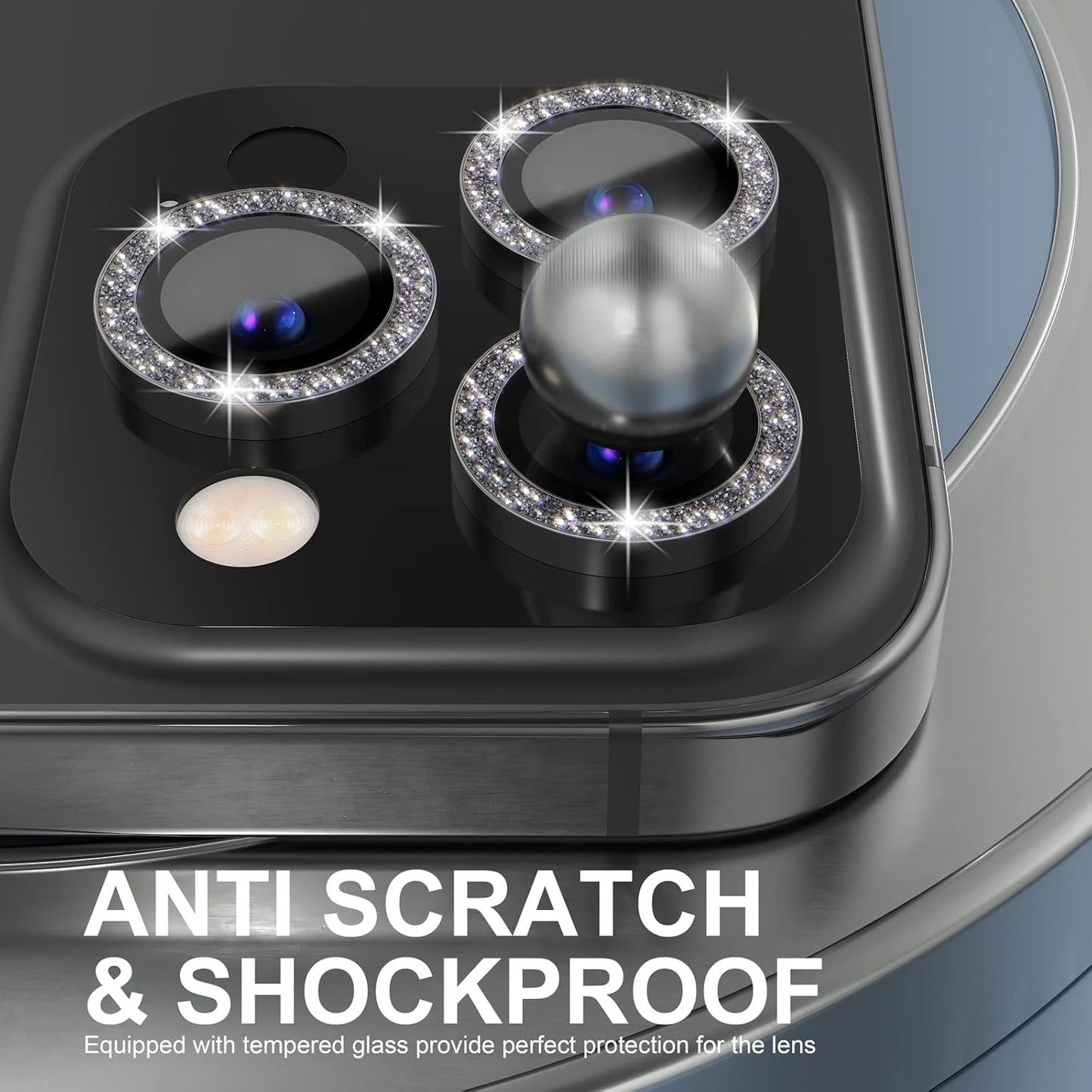 Choiche [3+1 for iPhone 14 Pro/iPhone 14 Pro Max Camera Lens Protector Bling, 9H Tempered Glass Camera Cover Screen Protector Metal Ring Decoration Accessories (Glitter-Black)