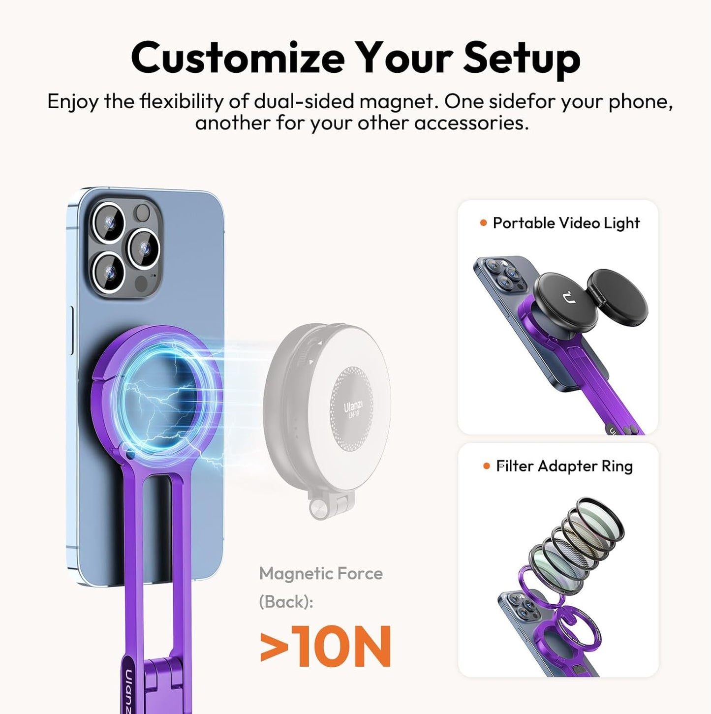 ULANZI MA30 Magnetic Phone Tripod Stand for iPhone - Aluminium Maglock Smartphone Mini Tripod Pocket Cell Phone Stand Strong Magnet Quick Mount Compatible with iPhone 16 15 14 13 12 Series, Purple