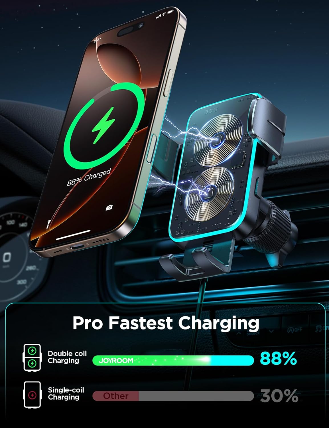 JOYROOM Wireless Car Charger Mount【Dual Coil】 Car Phone Holder Charger with Auto Smart Clamping Alignment for iPhone 16 Pro Max 15 14 13 12 11 Pro Max, Samsung Flip, Galaxy S24/S24/S22/21Ultra