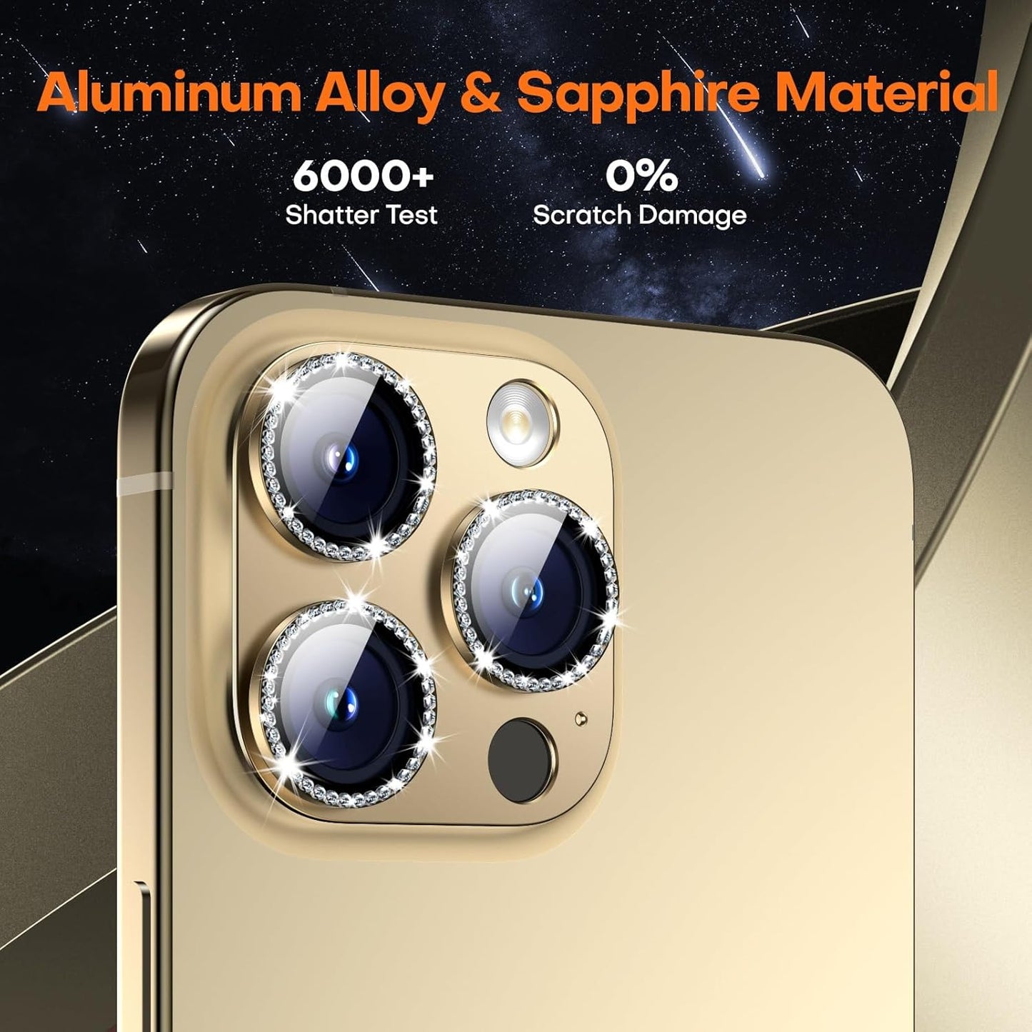 Camera Lens Protector for iPhone 16 Pro Max/16 Pro/iPhone 15 Pro Max/15 Pro/iPhone 14 Pro Max/14 Pro, Aluminum Alloy Sapphire Glass Camera Screen Cover, Case Friendly- Gold Diamond