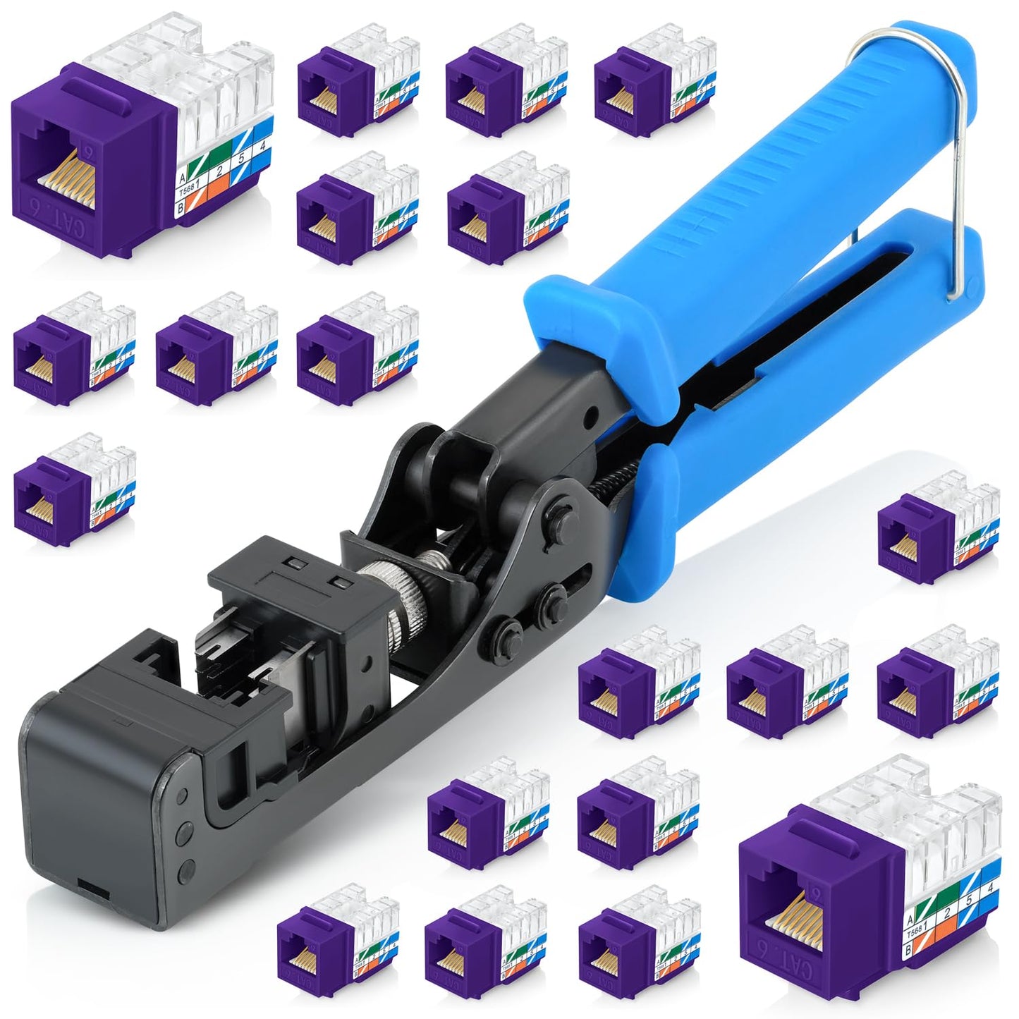 Everest easyJACK - 90° Angled Speed Termination Keystone Tool Set - with 20-Pack of RJ45 Cat6 Keystone Jacks in Purple (Slim Profile Design) - Time Saver Network Punch Down Tool Cat6
