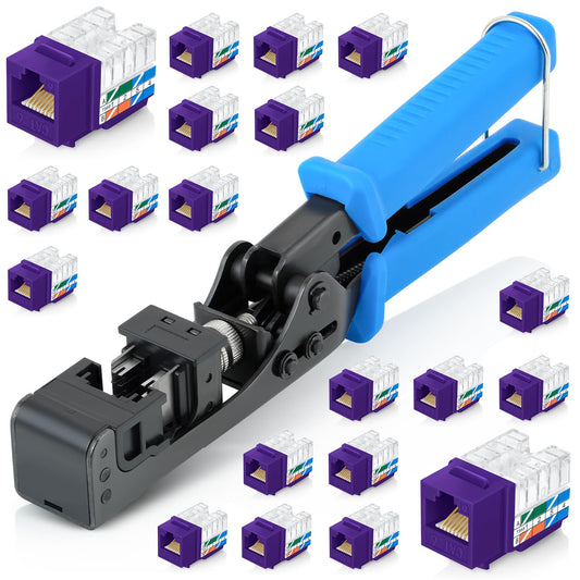Everest easyJACK - 90° Angled Speed Termination Keystone Tool Set - with 20-Pack of RJ45 Cat6 Keystone Jacks in Purple (Slim Profile Design) - Time Saver Network Punch Down Tool Cat6