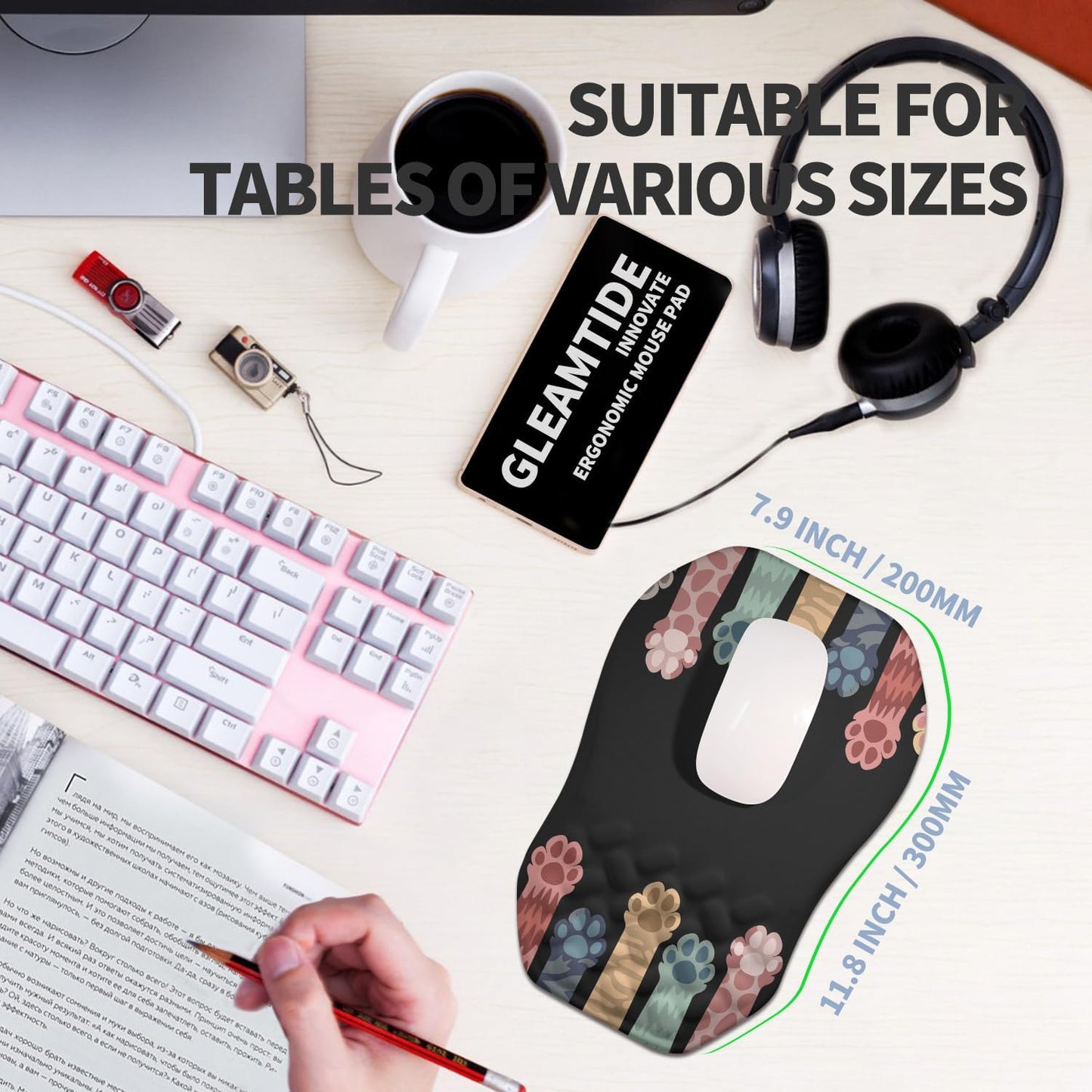 Ergonomic Raised Mouse Pad Wrist Support with Bilateral Slope Memory Foam Mousepad for Wrist Rest and Carpal Tunnel Pain Relief 11.8x7.9〃Cat Claws