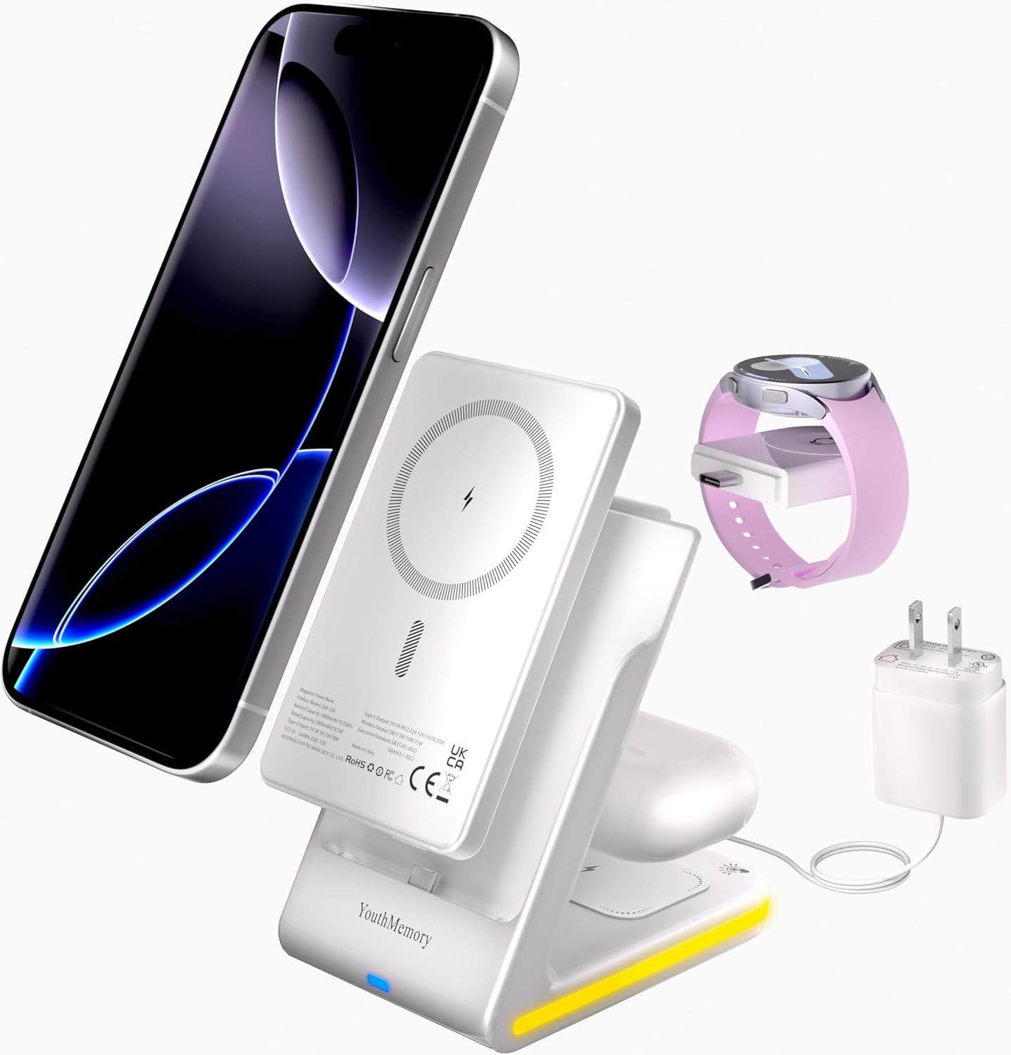 Wireless Charger 5 in 1 Magnetic Charging Station Stand with Portable Power Bank for Apple/Samsung Multiple Devices for Apple Watch 10-2,iPhone 16 15-12 Pro Max/Samsung Galaxy S25 Ultra S24-S8