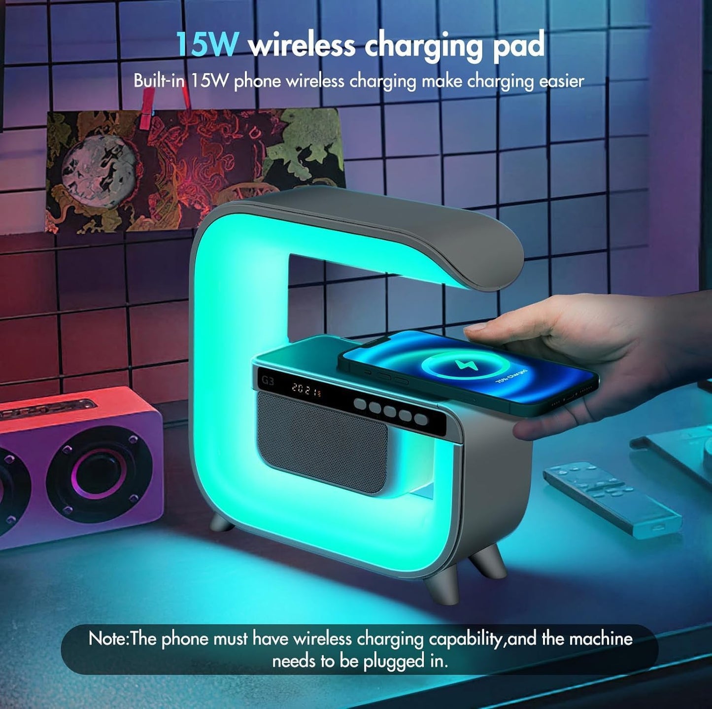 Table Lamp with Hi-Fi Bluetooth Speaker, Bedside LED Lamp with Up to 15W Qi Wireless Charger, Color Changing Mood Lamp with Alarm Clock, Desk Lamp for Bedroom, Nightstand, Home Decor, Gift - g3