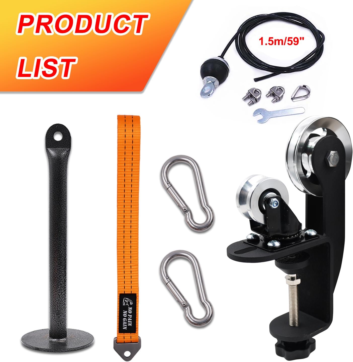 Arm Wrestling Pulley System with Adjustable 1.5m Steel Cable, Dual Aluminum Pulleys, 220lb Capacity, Table Clamp and Loading Pin for 1” & 2” Weight Plates, Wrist Strength Training Equipment