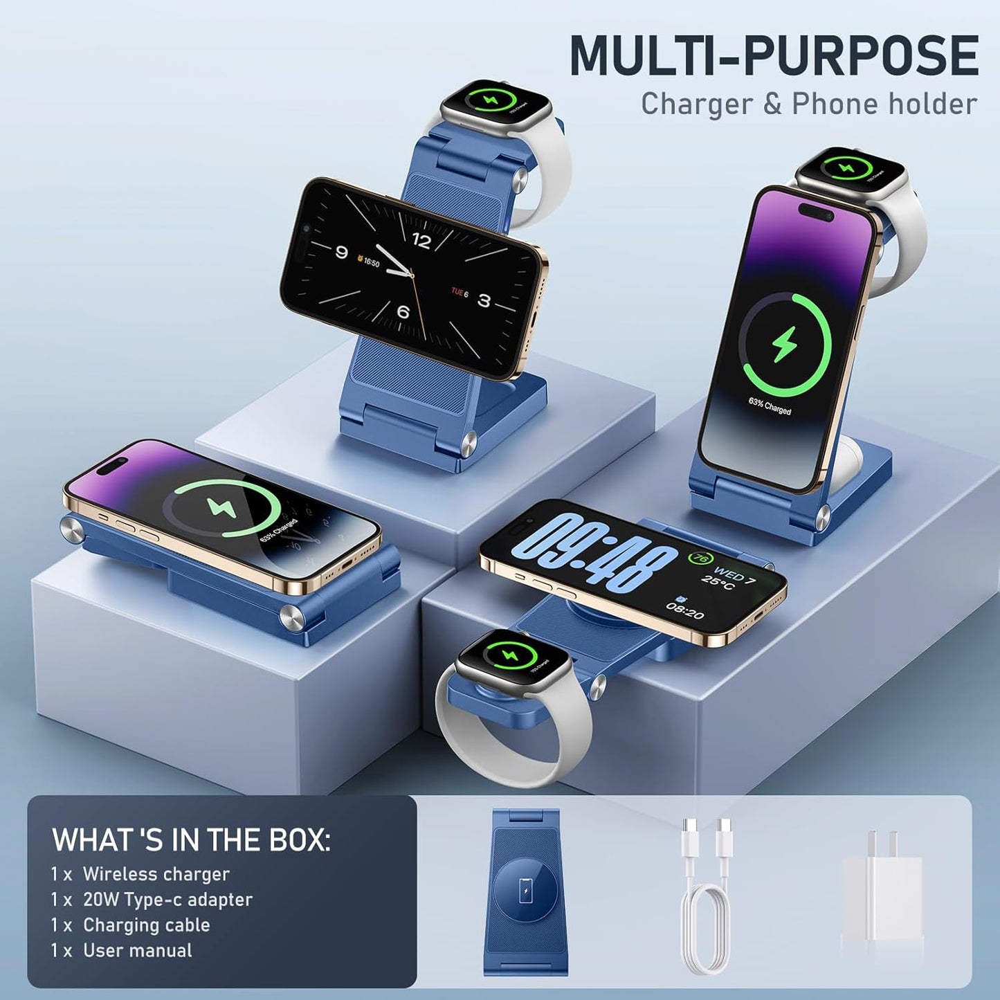 Magnetic Wireless Charger Stand, 3 in 1 Foldable Wireless Charging Station, Travel Charger for Multiple Devices for iPhone 16 15 14 13 12 Series, Apple Watch Ultra/SE/9/8/7/6/5/4/3/2, AirPods