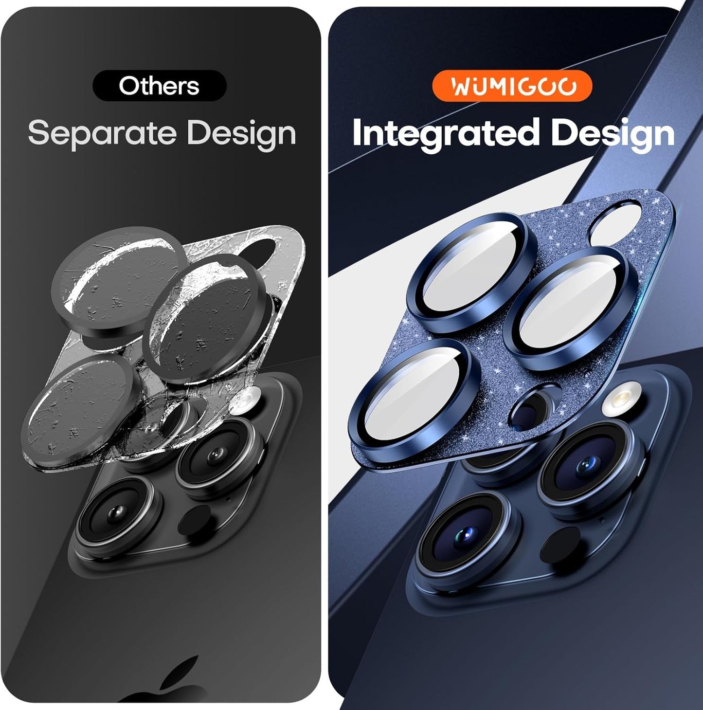 Camera Lens Protector for iPhone 16 Pro Max/16 Pro/15 Pro Max/15 Pro/14 Pro Max/14 Pro, Aluminum Alloy Sapphire Glass Camera Screen Cover, Case Friendly- Glitter Blue