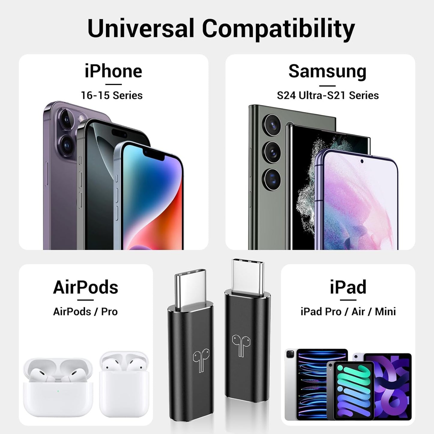 Temdan 2 Pack Lightning to USB C Adapter for iPhone 15/16 Pro/Pro Max/Plus, Support Audio/OTG Adapter, Type C Charger Connector Cable, Black