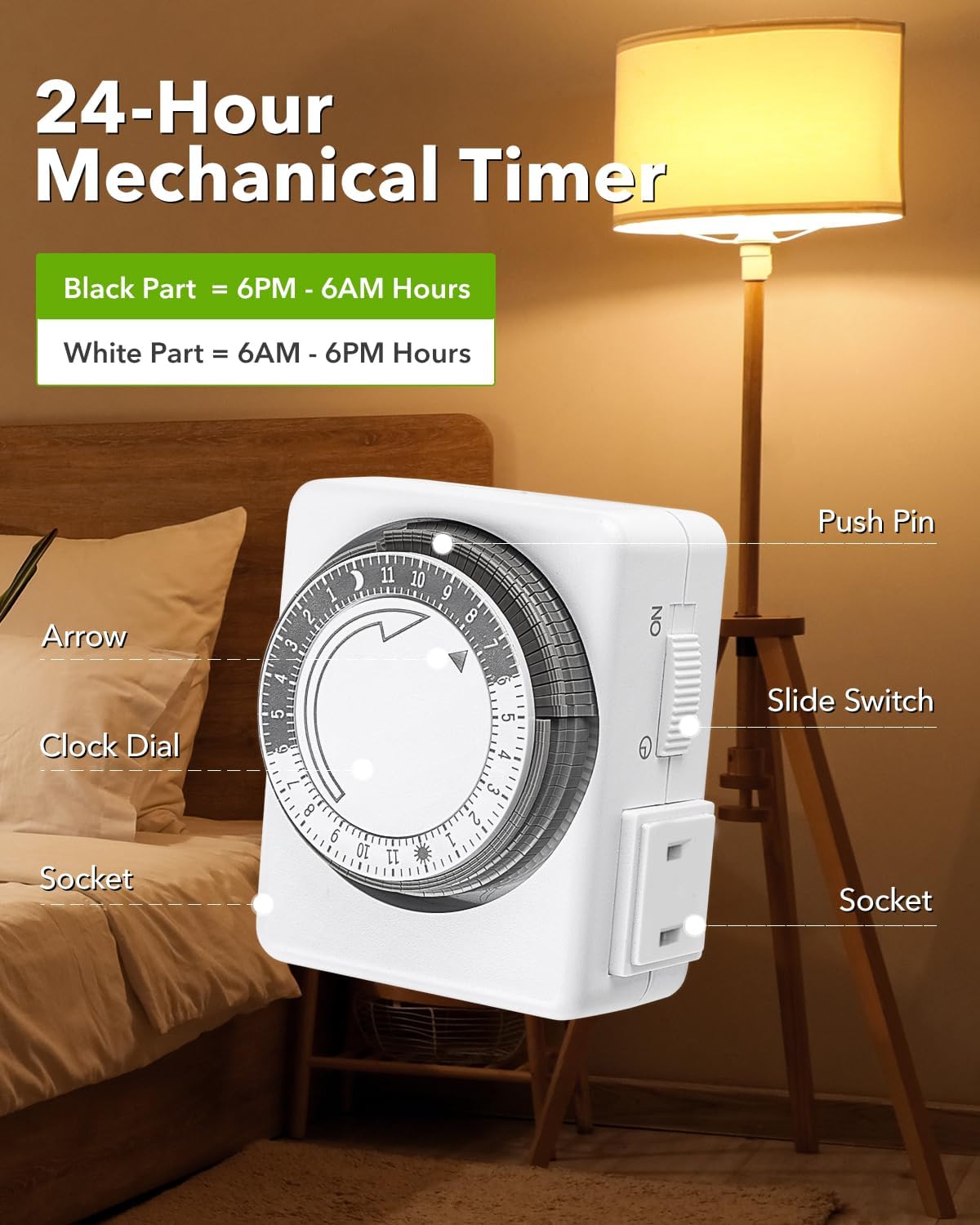 HBN Outlet Timer for Electrical Outlets Indoor, 24 Hour Mechanical Light Timers for Lamps, Dual 2-Prong Plug-in Outlets, 15-Minute Intervals, Heavy Duty Daily Cycle, 2 Pack