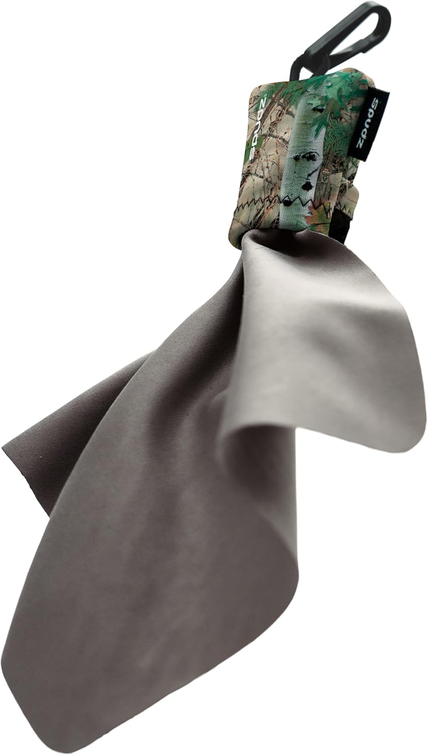 SPUDZ Ultra Microfiber Lens Cleaner – Closable Pouch, Clip-On, Washable – for Optics, Scopes, Glasses | Alpine Mountain Camo, 6 x 6 Inch