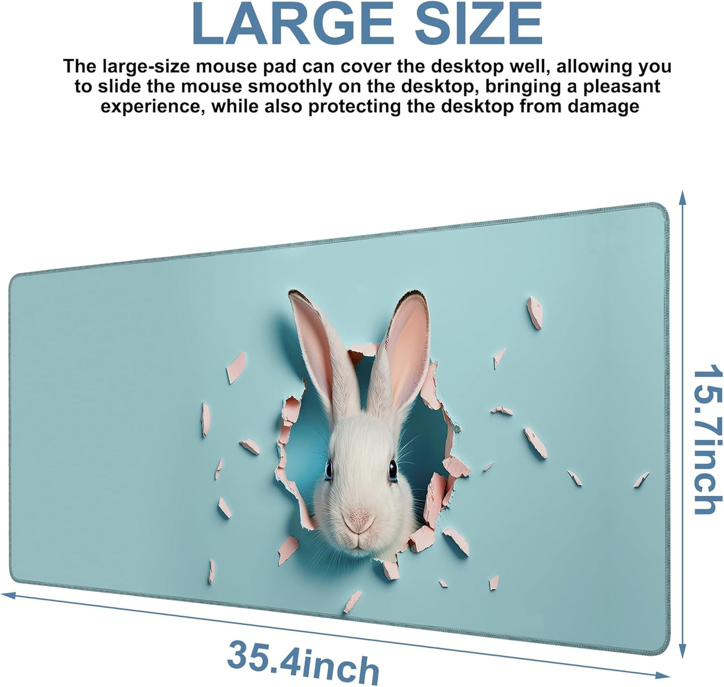 Gaming Desk Pad Large Extra Length Bunny Peeking Out of A Hole Mouse Pad Keyboard Laptop Non-Slip Waterproof with Rubber Base Thick Stitched Edge Mouse Mat for Office Home 35.4 x 15.7 Inches