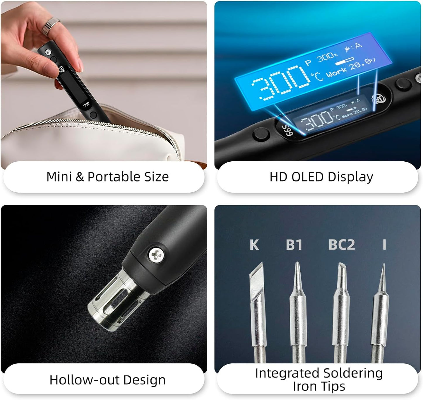 SEQURE S99 Portable Soldering Iron Kit 150W Electric Soldering Iron with 4 Solder Tips 4 PD 65W Fast Travel Adapter OLED Digital DC/PD/QC/PPS Input Power Mini Welding Tool For Drones Laptops Phones