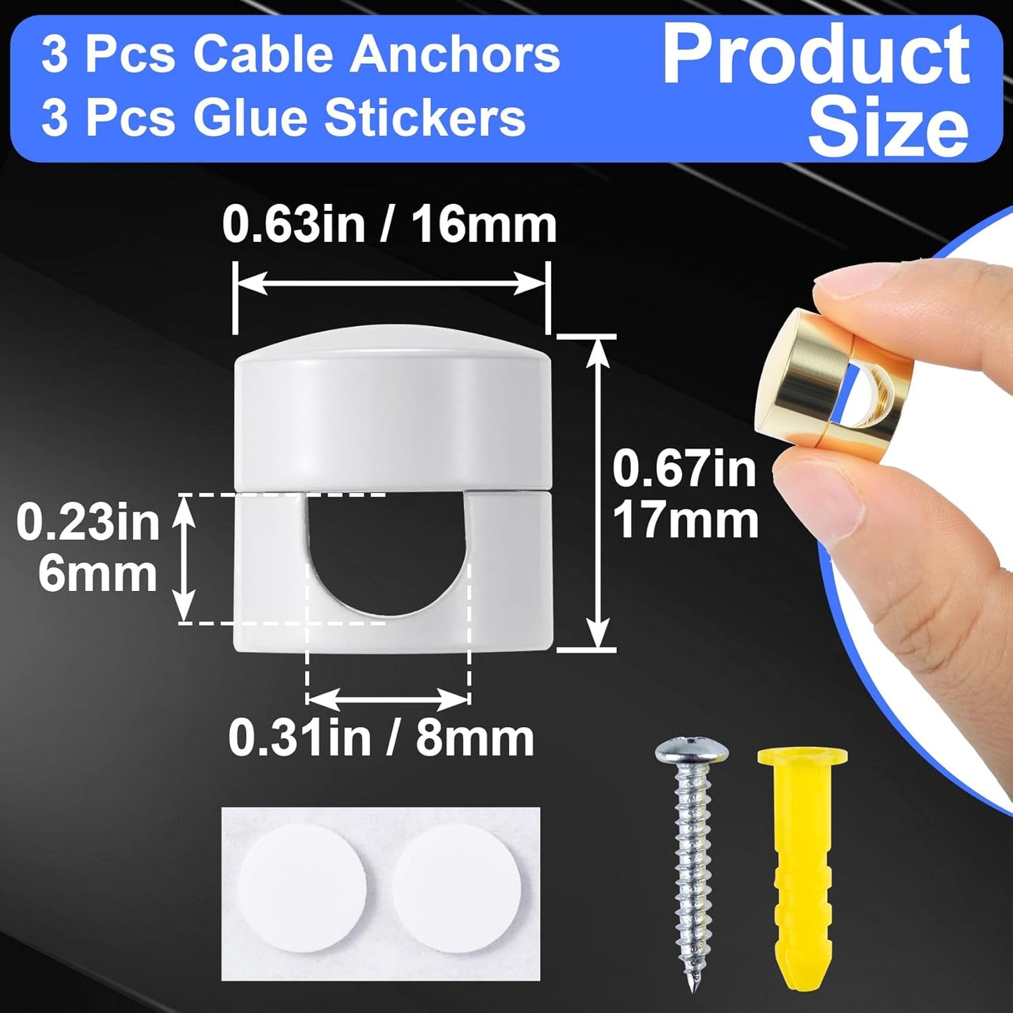 3 Sets Charger Holders for Cords, Adjustable Cable Anchor Holders, Adhesive Metal Cord Clips, Cable Management Wire Organizers for Desk, Office, Nightstand - Black, Red Bronze, White