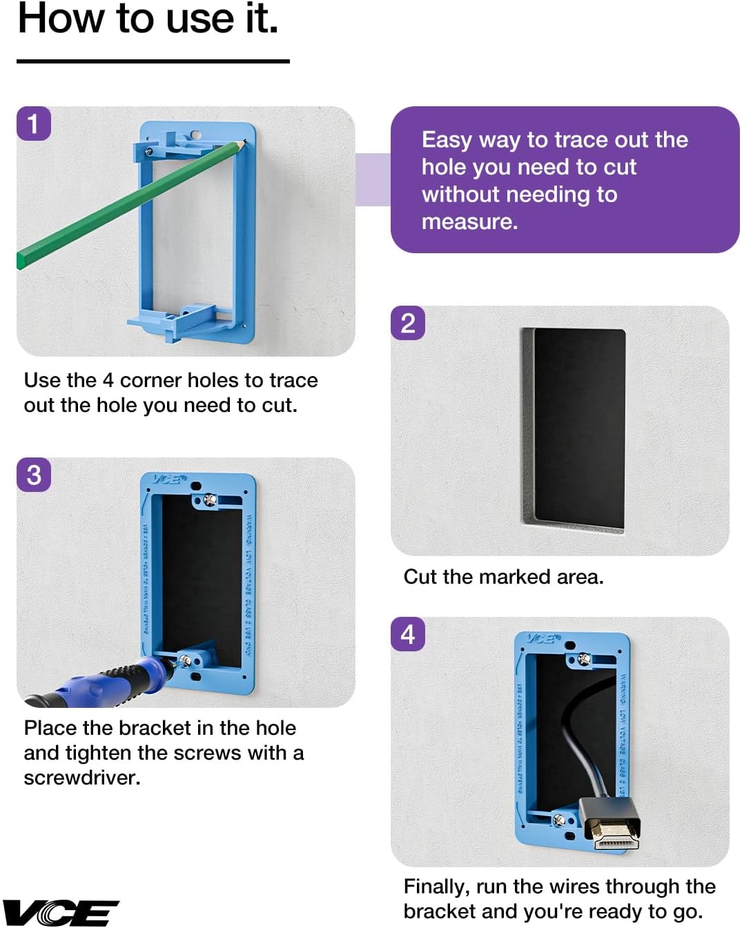 VCE Low Voltage Mounting Bracket Single Gang Wall Plate, Flush Low Voltage Box for Network, HDMI, Coaxial, Speaker, Telephone Cables, Blue, 5 Pack