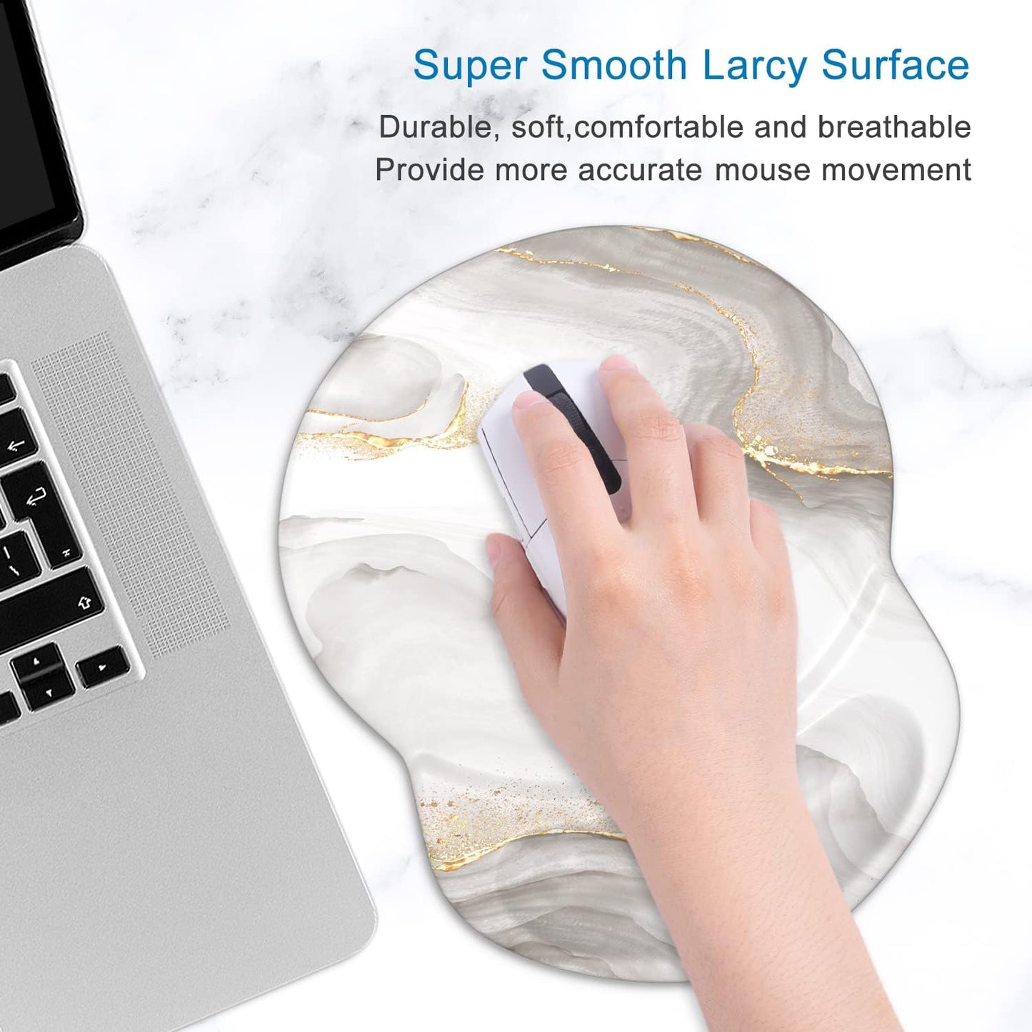 ITNRSIIET Ergonomic Mouse Pad with Gel Wrist Support Small Wrist Rest Smooth Surface Non-Slip PU Base Comfortable Office Supplies Pain Relief, 8.7 x 7.2 inches, White marbling