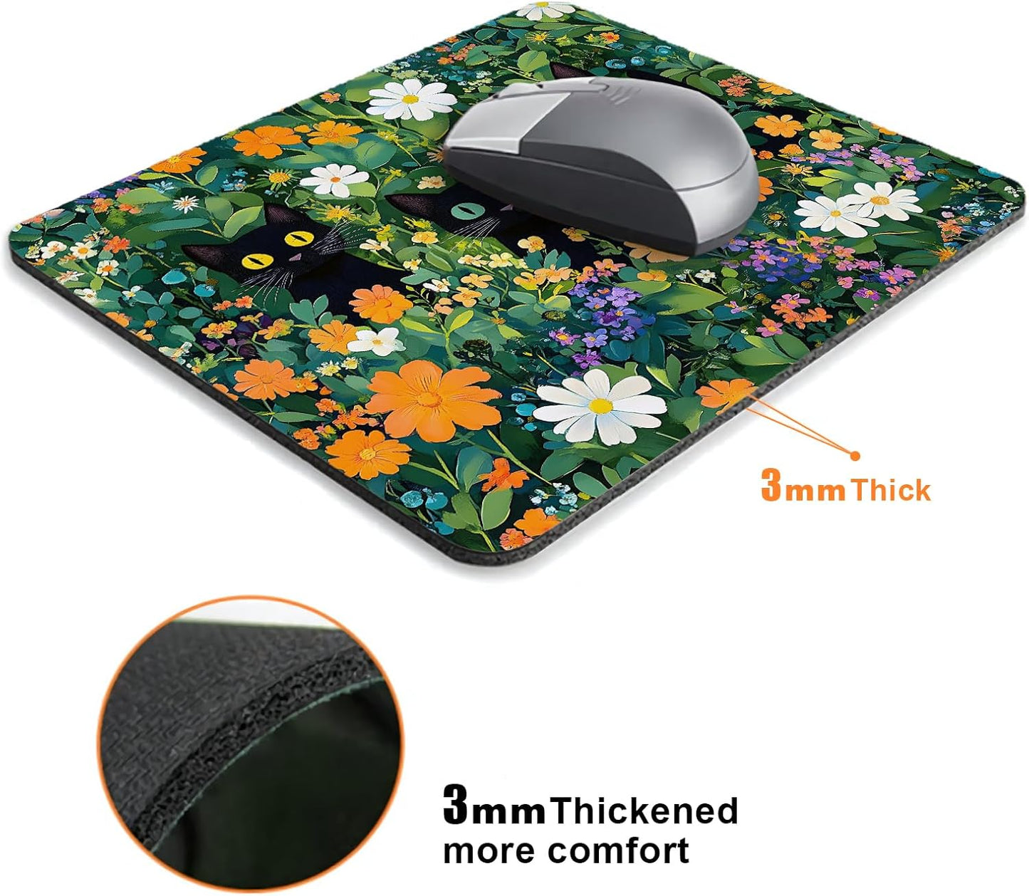 Cute Flowers Black Cats Mouse Pads for Desk, Portable Wireless Computer Mouse pad Small Design with Women, Non-Slip Rubber Base Laptop Mousepad 9.5" x 7.9" Smooth Surface for Office & Travel