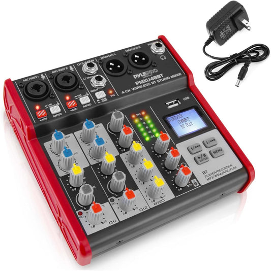 Pyle Studio Audio Sound Mixer Board - 4 Channel Bluetooth Compatible Professional Portable Digital DJ Mixing Console W/USB Mixer Audio Interface - Mixing Boards for Studio Recording