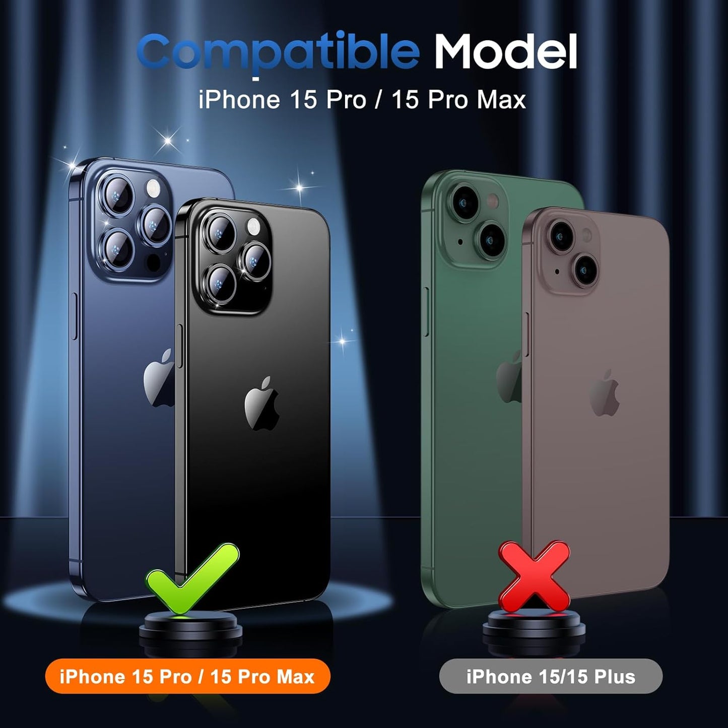 UniqueMe for 3 Pack iPhone 15 Pro/iPhone 15 Pro Max Camera Lens Protector, [Drop Protection] [Case Friendly] 9H+ Tempered Glass Camera Cover Screen [Update New Version] - Glitter Blue