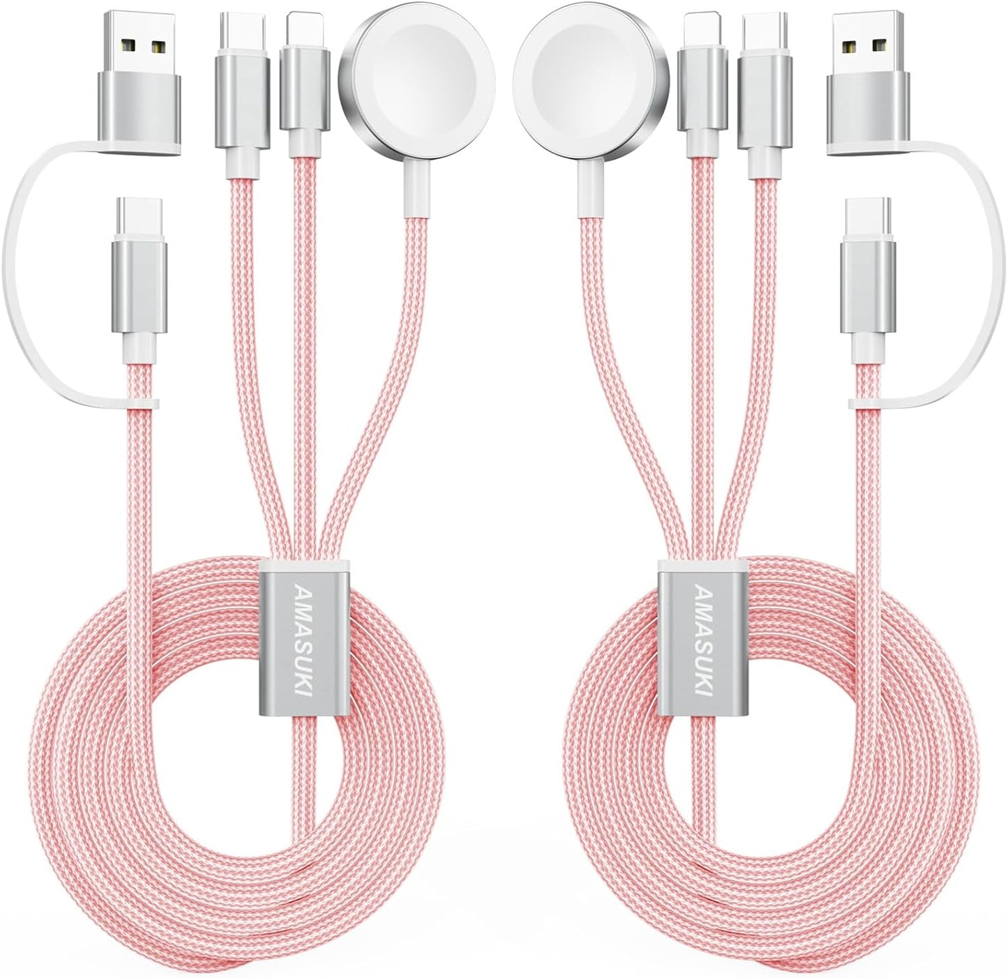 2Pack Pink-Travel Essentials 3 in 2 USB C Cable for Watch Charger Phone Charger USB C Multi Fast Charging Cable Compatible with Watch Ultra/SE/10/9/8/7/6/5/4/3/2/1 & Phone 16/15/14/Galaxy S23-4FT