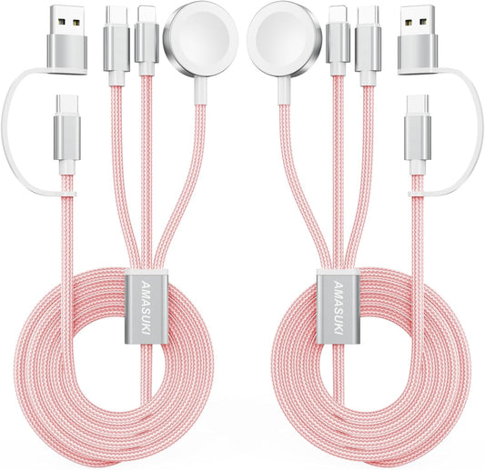2Pack Pink-Travel Essentials 3 in 2 USB C Cable for Watch Charger Phone Charger USB C Multi Fast Charging Cable Compatible with Watch Ultra/SE/10/9/8/7/6/5/4/3/2/1 & Phone 16/15/14/Galaxy S23-4FT