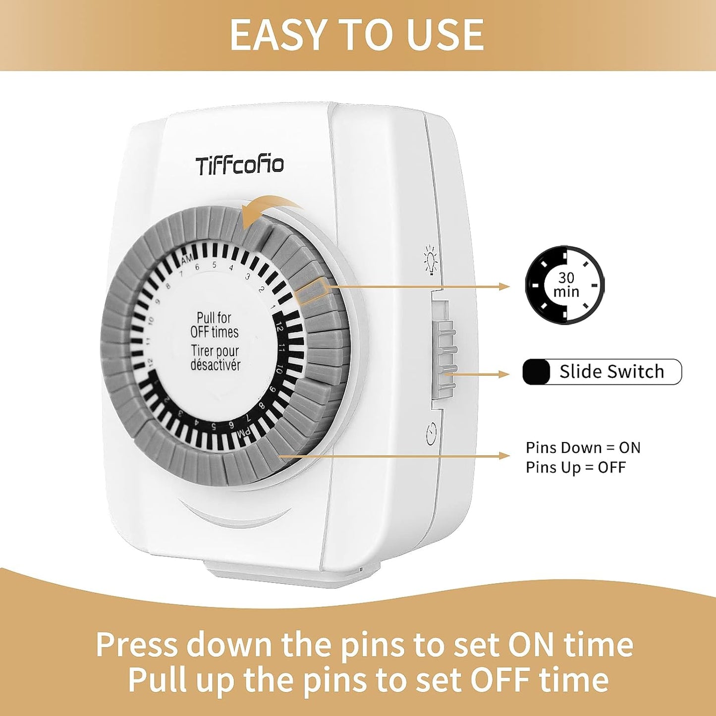 TiFFCOFiO Indoor Mechanical Timers for Electrical Outlets, 2 Prong Plug in Outlet Daily Repeating Light Timer for Indoor Lights, ETL Listed (1 Pack)