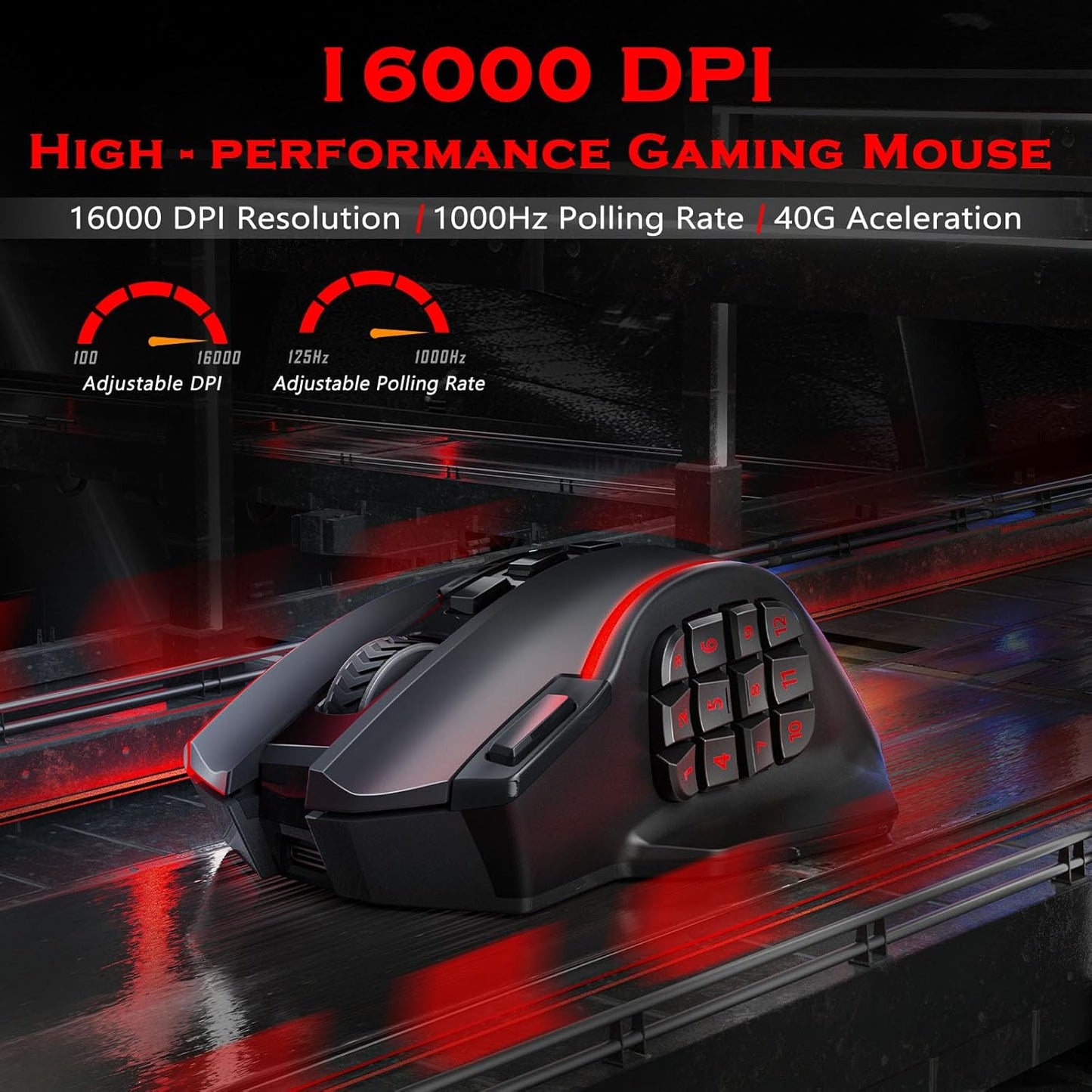 Redragon Wireless Gaming Mouse, MMO Gaming Mouse UP 16,000 DPI, 16 Macro Programmable Buttons, RGB Rechargeable with 12 Side Buttons, 70Hrs for PC Laptop MOBA FPS, M901P-KS