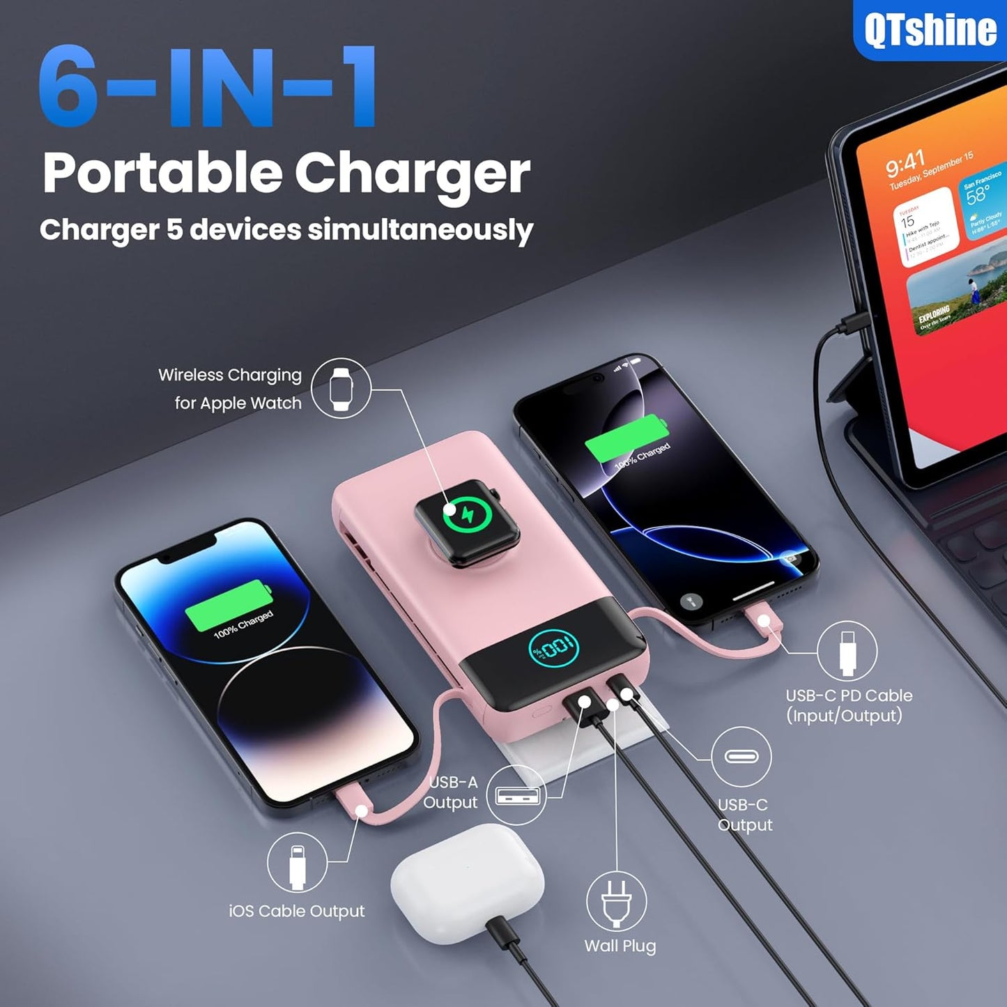 Portable Charger 40800mAh Power Bank with Built-in Cables,Wall Plug and iWatch Charger,6-in-1 QC4.0+25W PD USB C Fast Phone Charging,LCD Display Battery Pack for iPhone 16/15,Apple Watch,Galaxy-Pink