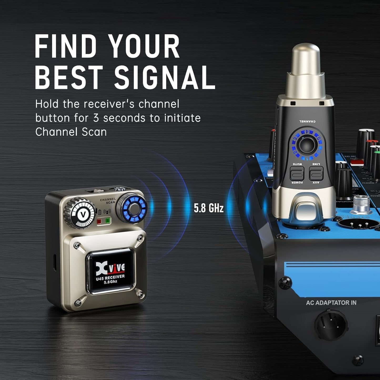 Xvive U45R4 Wireless in Ear Monitor System 5.8ghz IEM System 1 Transmitter and 4 Bodypack Receiver for Studio, Band Rehearsal, Live Performance, Channel Scan Mode