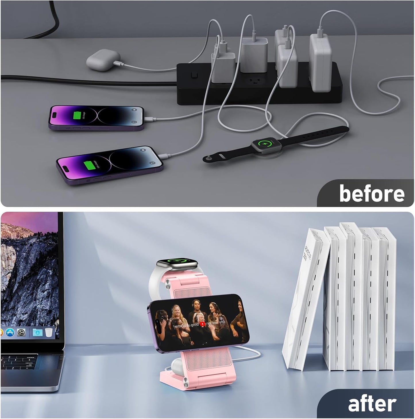 Magnetic Wireless Charger Stand, 3 in 1 Foldable Wireless Charging Station, Travel Charger for Multiple Devices for iPhone 16 15 14 13 12 Series, Apple Watch Ultra/SE/9/8/7/6/5/4/3/2, AirPods