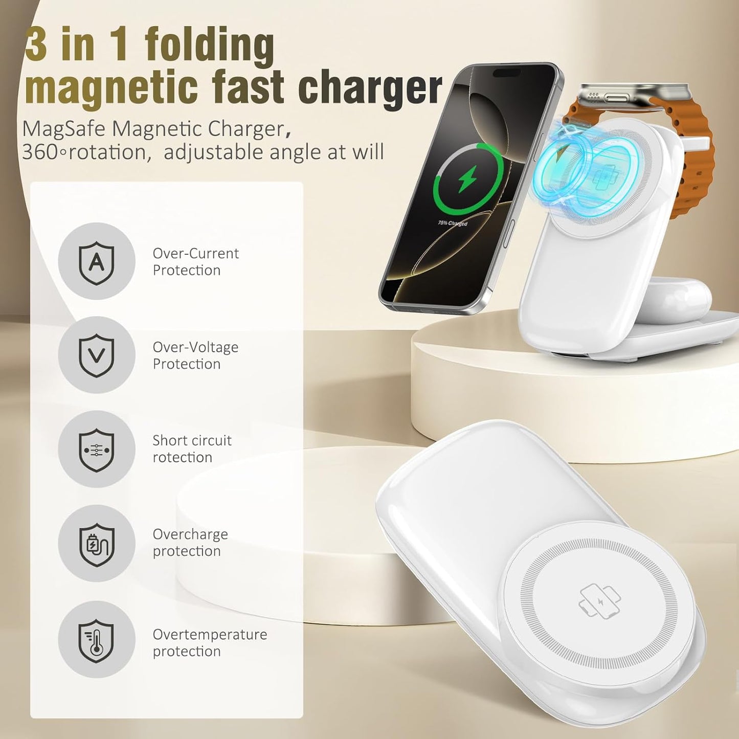Foldable Wireless Charger, Fast Max Charging for iPhone 16/15/14/13/12 Pro Max, 3 in 1 Charging Station for Apple Watch 10－3 & AirPods Pro/4/3（White