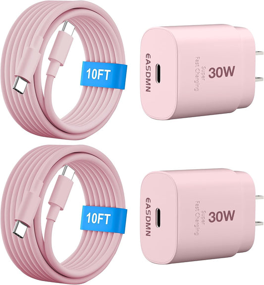 30W USB C i Phone 16 15 Charger Fast Charging, 2PACK Wall Charger for iPhone 16 15 Pro Max Charger Cord 10FT Fast Type C Charger Block for iPhone 16/16 Pro/15 Plus/15 Pro/15 Pro Max, iPad Pro, Pink