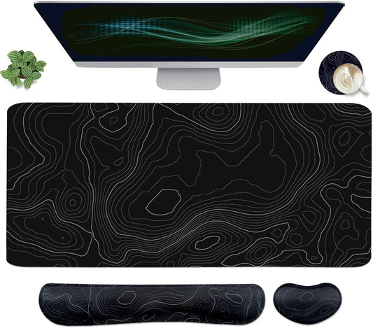 Topographic Mouse Pad Set, Extended Mouse Pad+Keyboard Wrist Rest, Memory Foam Ergonomic Easy Typing, 4Pcs (35.4×15.7 in) Desk Pad Set for Home Office Study Game-Topographic Contour