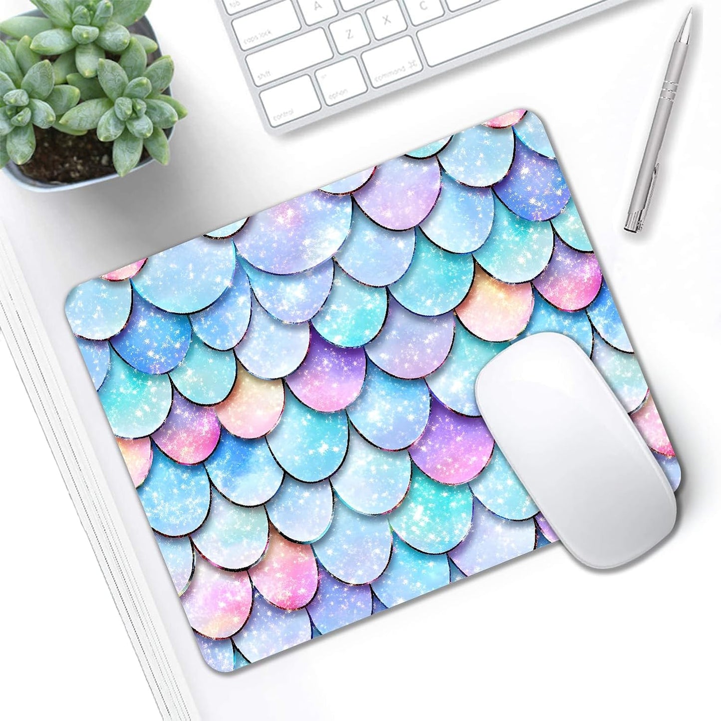 Mouse Pad, Cute Glitter Mermaid Scale Mouse Pads for Desk, 9.5" x 7.9" Non-Slip Rubber Base Computer Mousepad with Women, Portable Square Design for Wireless Mouse and Pad Laptop Office & Travel