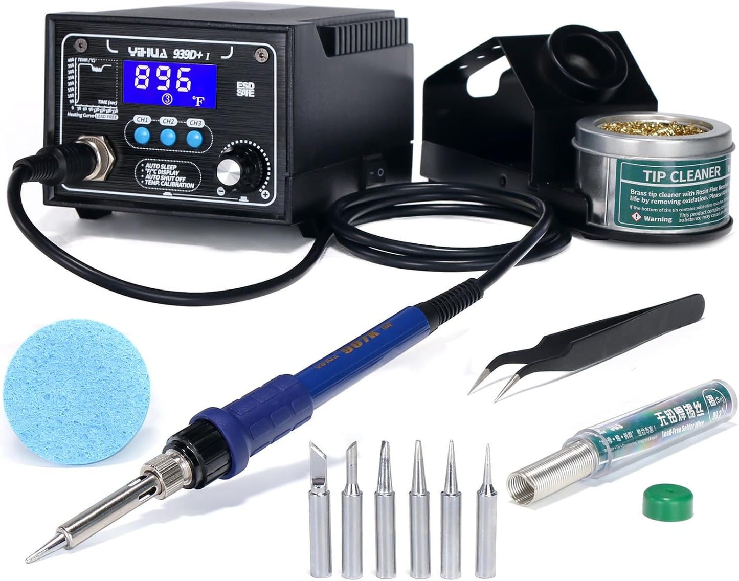 YIHUA 939D+ I Soldering Station, Upgraded, 75 Watt Equivalent with 3 Memories, °C/°F LCD display, Sleep Function, Automatic Shutdown & Brushed Aluminum Panel(Iron-burn Resistant)