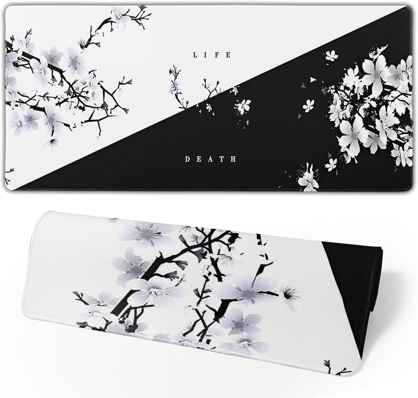 Japanese Life Death Keyboard Mat, Black White Japanese Anime Gaming Mouse Pad for Desk with Anti-Slip Rubber Base and Stitched Edges, Japanese Sakura Pagoda Sun Mouse Pad