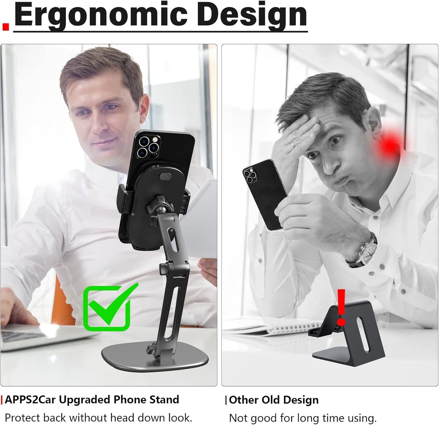 APPS2Car Phone Stand for Desk [No Dropping Stable Triple-Clamp Holder] Adjustable Height 360 Degree Rotation Heavy Base Thick Case Friendly, Multifunctional Cell Phones Stand for iPhone Android Phones