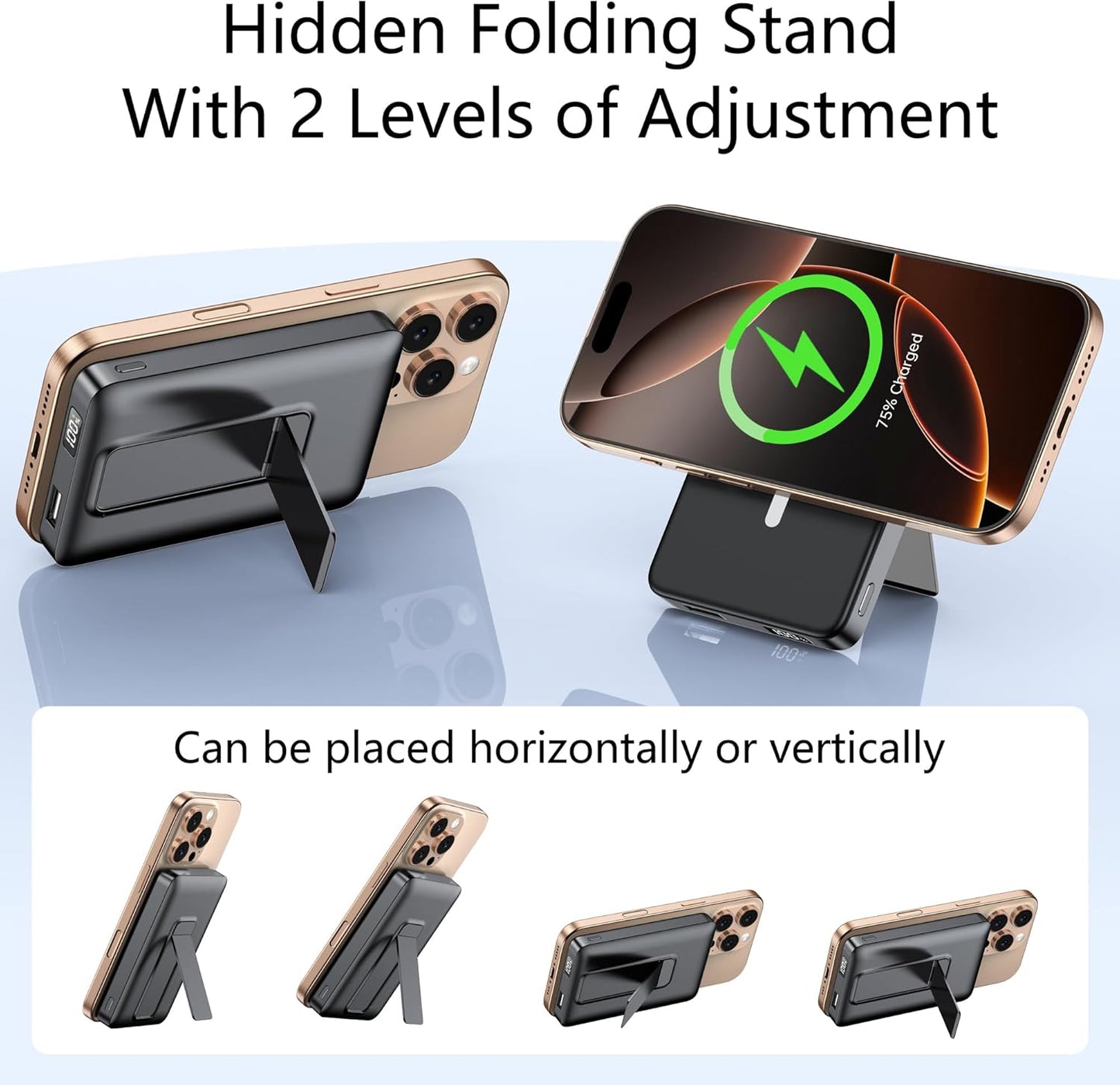 YUJE for Magsafe Battery Pack Magnetic Power Bank 10000mAh, Wireless Portable Charger with Foldable Stand Dual USB-C & USB-A Port Fast Charging Compatible with iPhone 16/15/14/13/12 Pro/Max/Plus