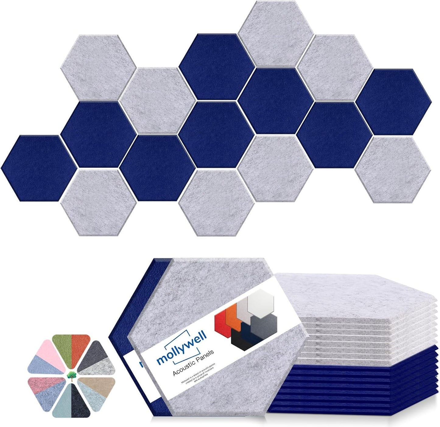 Mollywell Hexagon Acoustic Panels, High Density, Soundproofing, Decorative Noise Reduction Felt Wall Tiles for Ceilings, Home Office & Gaming Room (Navy Blue and Silver Grey), 14x12x0.4 Inch