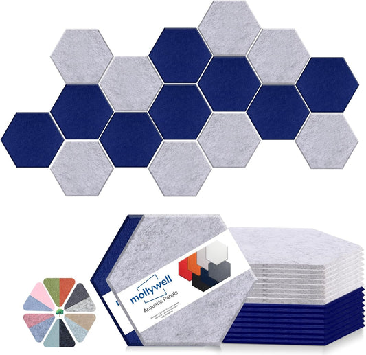 Mollywell Hexagon Acoustic Panels, High Density, Soundproofing, Decorative Noise Reduction Felt Wall Tiles for Ceilings, Home Office & Gaming Room (Navy Blue and Silver Grey), 14x12x0.4 Inch