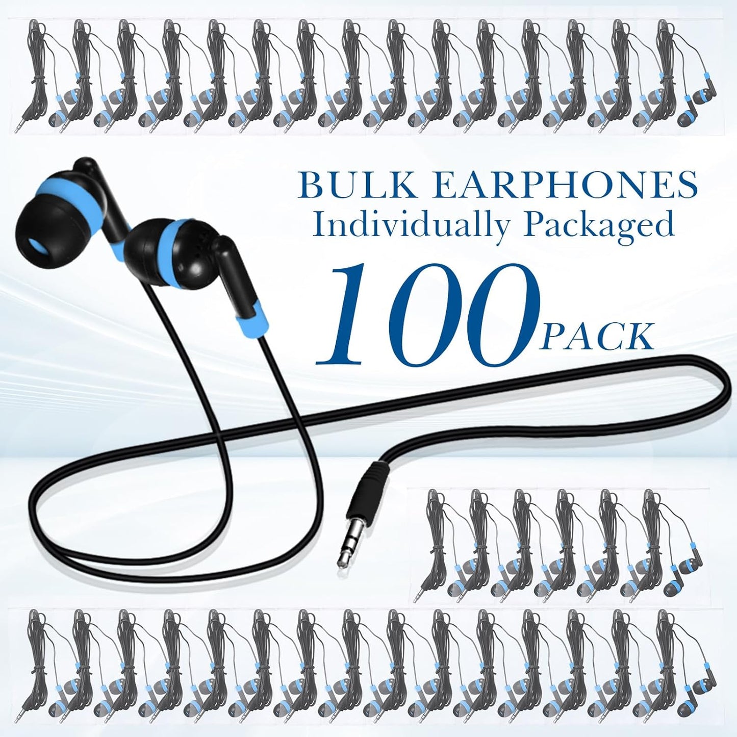 Kanayu 100 Pack Wired Earbuds Bulk for Classroom Ear Headphones Wired Basic Student Earbuds No Microphone with 3.5mm Jack for Kids Class Laptop School Library, Individually Bagged(Blue)