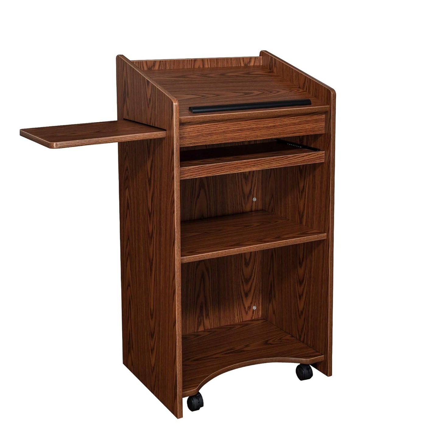 OEF Furnishings Mobile Floor Lectern with Side Shelf And Keyboard Tray, Medium Oak