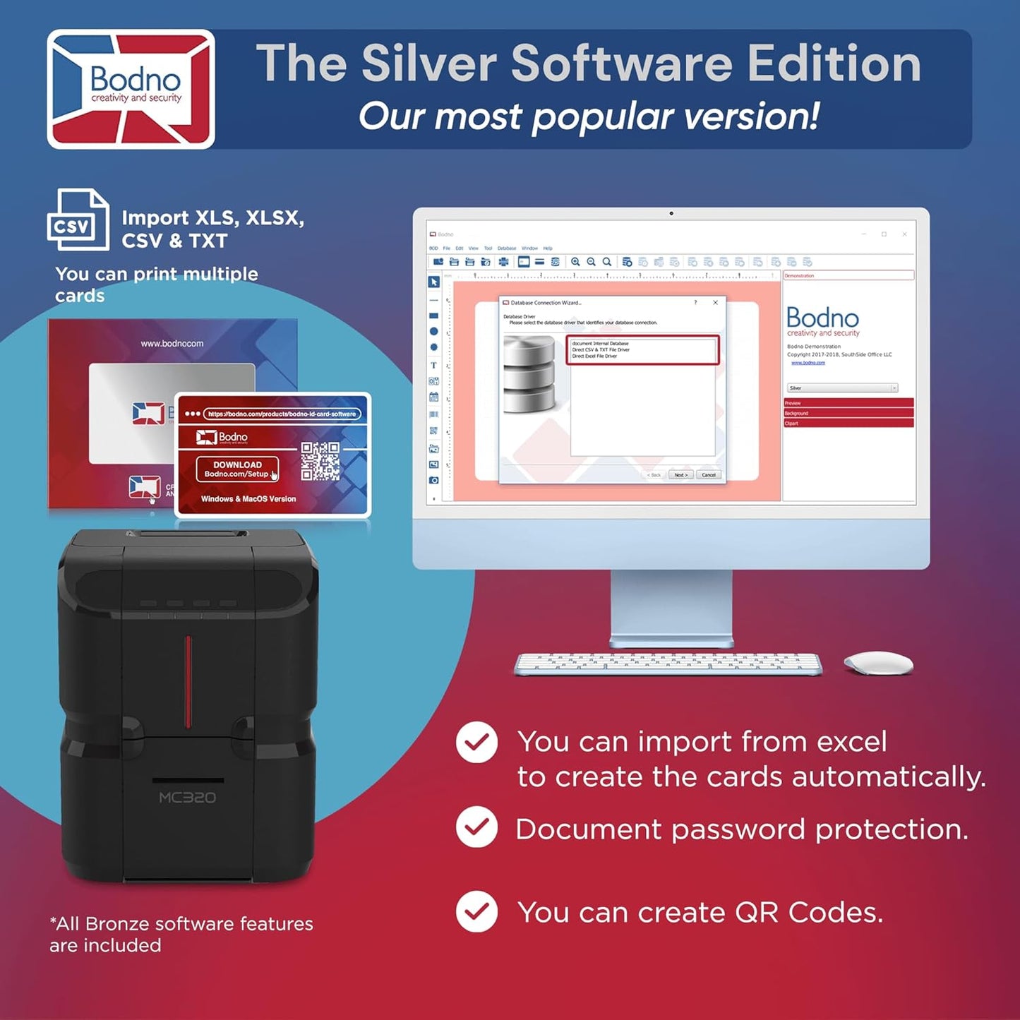 Bodno Matica MC320 Direct-to-Card Dual Sided ID Card Printer & Complete Supplies Package Silver Edition ID Software