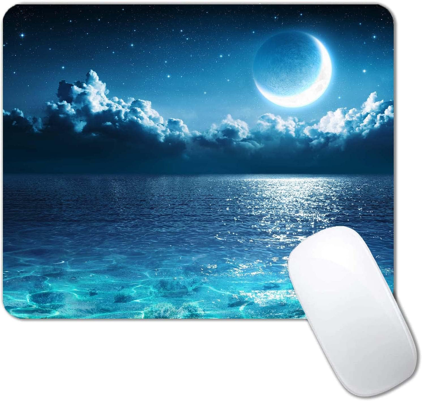 Ocean and Moon Mouse Pad, Romantic Moon On Sea in Magic Night, Waterproof Non-Slip Rubber Base Mousepad, 9.5"x7.9"x0.12" Inch