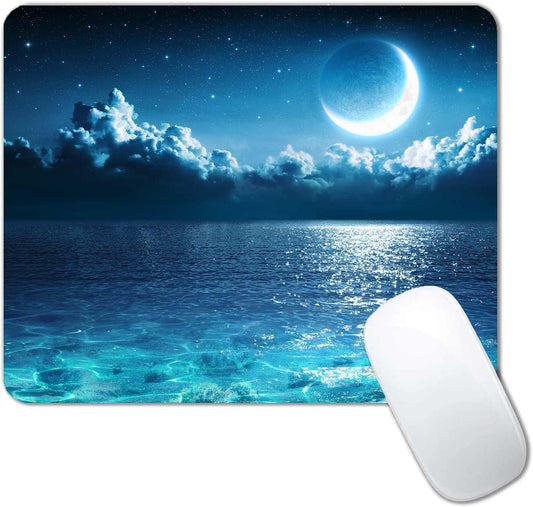 Ocean and Moon Mouse Pad, Romantic Moon On Sea in Magic Night, Waterproof Non-Slip Rubber Base Mousepad, 9.5"x7.9"x0.12" Inch