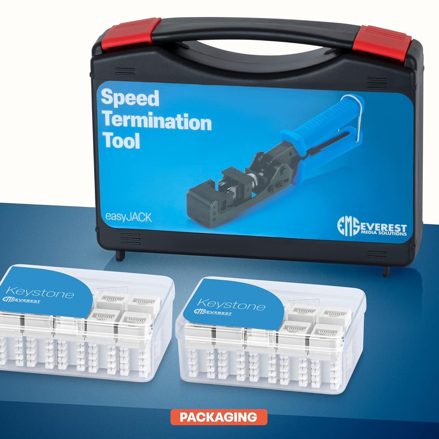 Everest easyJACK - 90° Angled Speed Termination Keystone Tool Set - with 20-Pack of RJ45 Cat6 Keystone Jacks in White (Slim Profile Design) - Time Saver Network Punch Down Tool Cat6