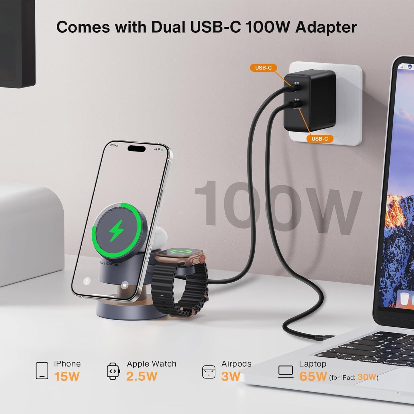 iVANKY 4 in 1 Wireless Charging Station with Night-Lamp for MagSafe Magnetic Charger Travel Stand, 3-in-1 Fast Charge for iPhone 17-11, for Apple iWatch, Airpods（Dual C-Port 100W Adapter Included