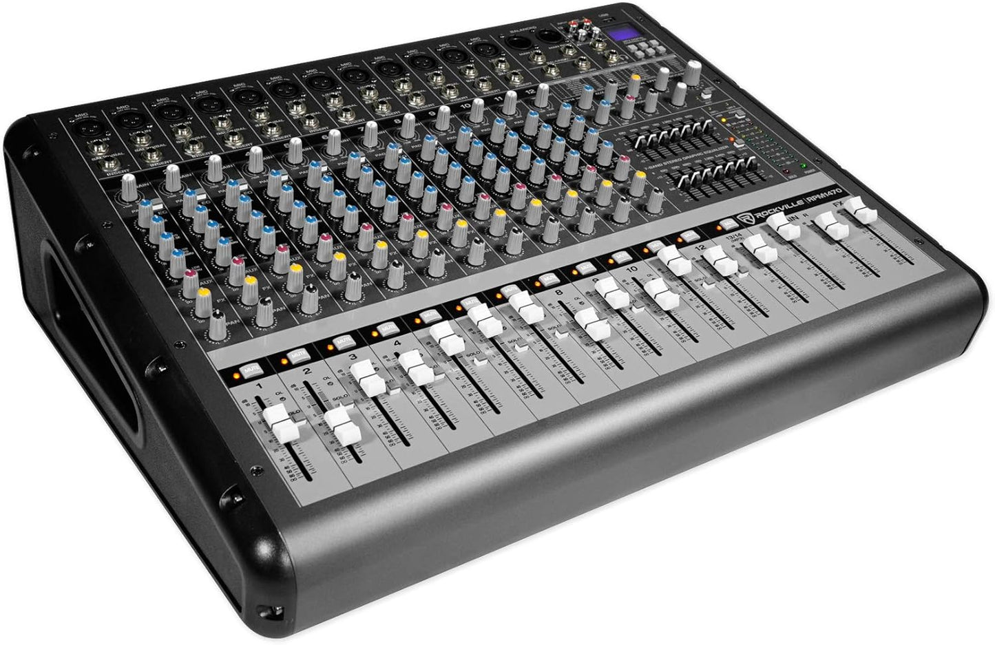 Rockville RPM1470 6000W Peak 14-Channel Powered Mixer, 750W RMS x 2 at 4 Ohm, USB/Bluetooth, 24-Bit Effects, 14 XDR2 Mic Preamps, for Live Events/Church Bands