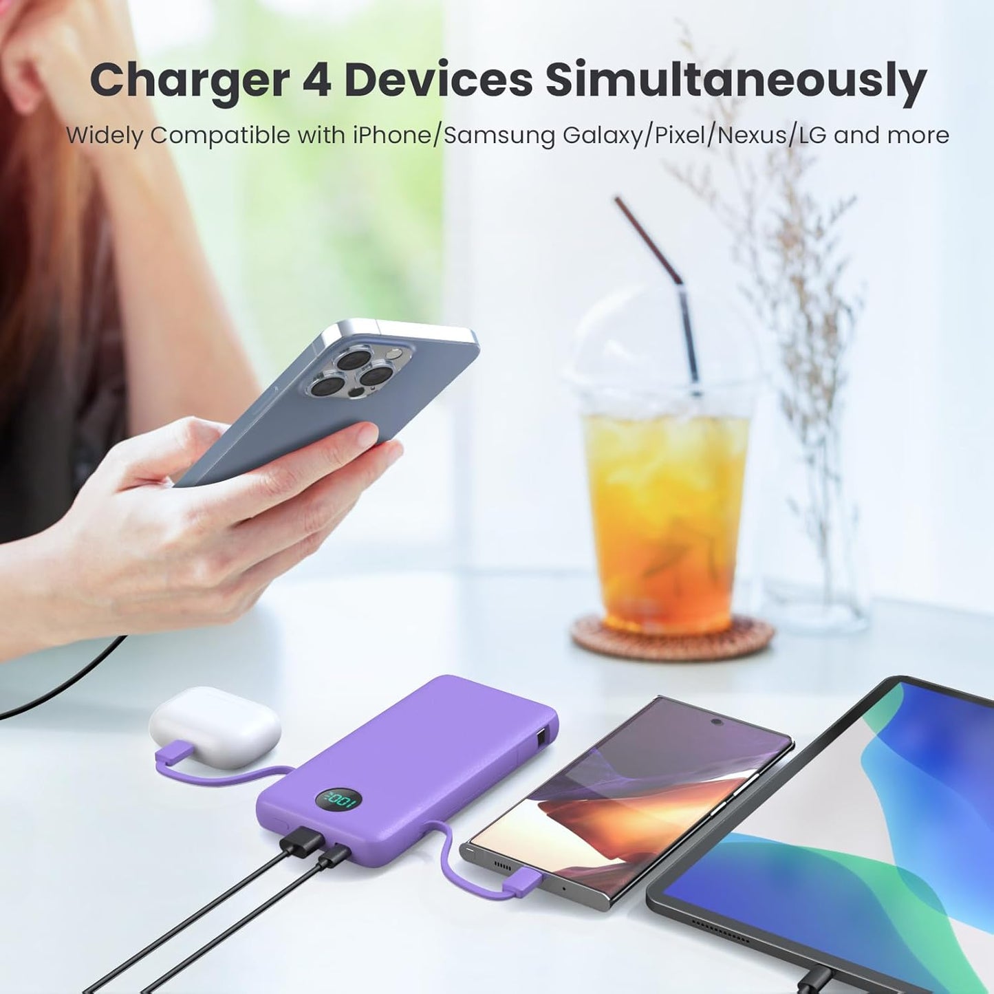 Portable Charger 13800mAh Slim USB C Power Bank with Built in Cables and Wall Plug,LCD Display Lightweight Travel Battery Pack,PD Fast Charging Compatible with iPhone 15,14,Samsung Android-Purple