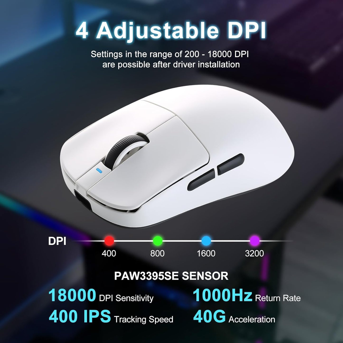 R1 SE+ Wireless Gaming Mouse, 18000 DPI, High-Precision PAW3395 SE Sensor,55g Lightweight,Three Connection Modes Mouse, Programmable Ergonomic Mice Suitable for Laptops/PC/Mac (White)